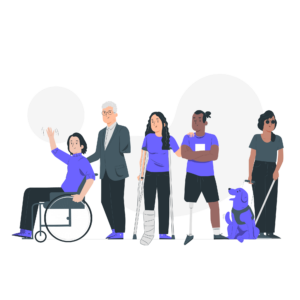 Illustration colorée d’un groupe diversifié de personnes en situation de handicap, représentant différentes formes de mobilité et d’accessibilité : Une personne en fauteuil roulant lèvent la main, symbolisant la participation active. Une personne avec des béquilles et un plâtre à la jambe, illustrant les besoins temporaires. Une personne avec une prothèse de jambe, montrant l’adaptation technologique. Une personne avec une canne blanche, accompagnée d’un chien guide (en bleu), pour évoquer l’accessibilité visuelle. Un homme en costume, représentant les professionnels ou aidants impliqués. L’image incarne la diversité des usagers ciblés par le projet Inclusiversel tourism, soulignant l’importance de co-construire des solutions adaptées à tous.