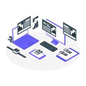 Illustration isométrique représentant un ensemble d’appareils numériques interconnectés : ordinateurs portables, écrans de bureau, smartphone, tablette et montre connectée. Ces dispositifs symbolisent la centralisation et l’harmonisation des données d’accessibilité via une plateforme intelligente, au cœur du projet Inclusiversel tourism. L’image met en avant la synergie entre les outils technologiques pour faciliter l’accès à l’information pour tous, y compris les personnes en situation de handicap.