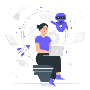Illustration d’une personne assise sur des livres, travaillant sur un ordinateur portable, entourée d’éléments symbolisant l’innovation et la technologie : Un robot d’IA souriant, représentant l’assistance intelligente et personnalisée. Une fusée, des engrenages, une planète et des étoiles, évoquant l’exploration, la connectivité et la complexité des données. Un smartphone et un ordinateur en arrière-plan, soulignant l’interconnexion des outils numériques. Cette image illustre comment l’intelligence artificielle, développée dans le cadre du projet Inclusiversel Tourism, peut faciliter l’accès à l’information et la planification de voyages pour les personnes à besoins spécifiques.