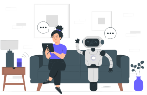 Illustration d’une femme assise sur un canapé, utilisant une tablette, tandis qu’un robot d’assistance blanc et noir, doté d’un écran expressif, semble interagir avec elle. Des bulles de dialogue au-dessus de leurs têtes indiquent une conversation active. À gauche, un haut-parleur intelligent et une télévision sont visibles, renforçant l’idée d’un environnement connecté. Une plante verte et un vase bleu ajoutent une touche de chaleur à la scène. Cette image symbolise comment l’intelligence artificielle, développée dans le cadre du projet Inclusiversel tourism, peut assister les utilisateurs dans la planification de voyages accessibles et personnalisés.
