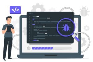Illustration d’un développeur travaillant sur un ordinateur portable, analysant du code source affiché sur un grand écran. Une loupe géante met en évidence un bug stylisé en forme d’insecte, symbolisant le processus de débogage et d’optimisation. Autour de l’écran, des engrenages et des icônes de programmation (comme le logo de code) représentent l’environnement technique. Cette image illustre le travail des spécialistes de l’IA dans le cadre du projet Inclusiversel tourism, où la technologie est utilisée pour créer des solutions numériques accessibles et innovantes.